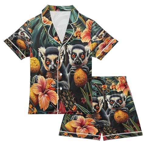 Satin Pajama Sets Short Sleeve Tropical Lemurs Flowers Button Down Silky Nightwear 2 Piece PJS 5-14Y