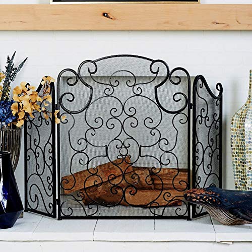 Protector de Pantalla para Chimenea, Pantalla Negra para Chimenea y Valla cortafuegos de 3 Paneles, Malla cortafuegos con decoración de volutas, puert