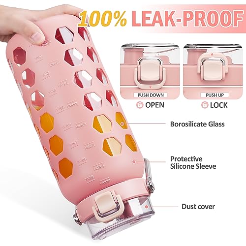 Image of MUKOKO 64oz Glass Water Bottle with Straw and Lid, Pink