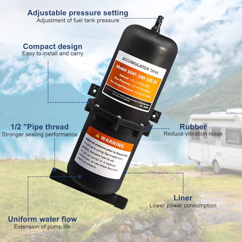 Image of Pre-Pressurized RV Accumulator Tank 1L 125PSI with 1 /2 MNPT Port Fitting,Reduced Pump Cycling,Flow Control Inner Bladder,Suitable for RV, Boat, Travel Trailer, Caravan