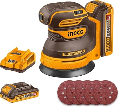 INGCO 20V�R�[�h���X�����_���I�[�r�b�g�T���_�[125mm�A�u���V���X���[�^�[�A6�i�ϑ��A 1��2.0Ah�o�b�e���[��1�̏[�d��t��CROSLI20021