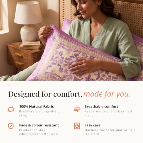 Image of Naksh Queen Size Bed Sheet Purple Floral Print 2 Pillow Covers | Purple Botanical Floral Print | Heritage Design for Queen Size Bedrooms