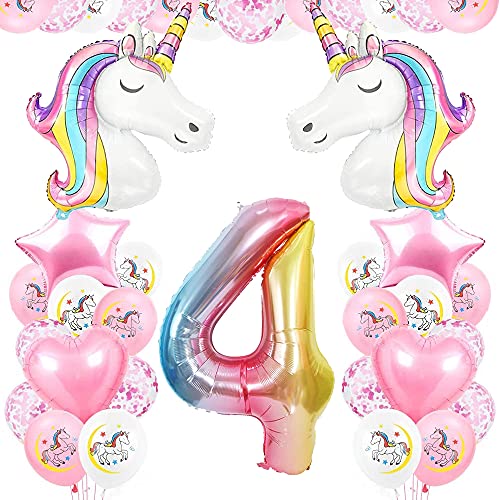 TOPHOPE Luftballon 4. Einhorn Geburtstagsdeko für Mädchen Happy Birthday Folienballon Luftballon Zahlen Geburtstagsdeko Mädchen 4 Jahr Riesen Einhorn Folienballon Zahl 4 Ballon 4 Deko zum Einhorn Cover