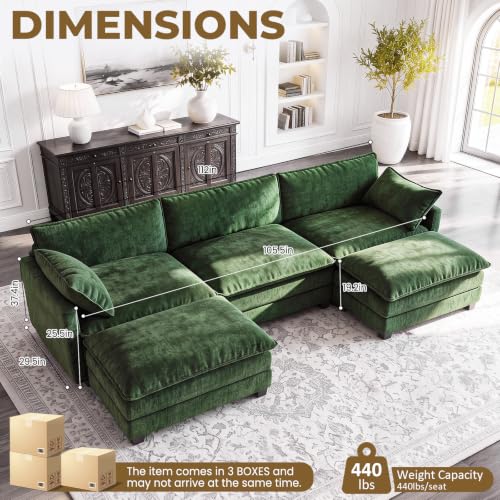 Image of 112 inch U-Shape Modular Sofa with 2 Ottomans, Deep Seat Cloud Convertible Sleeper, 2 Arm Pillows, Comfortable Upholstered Furniture for Living Room Apartment, Green