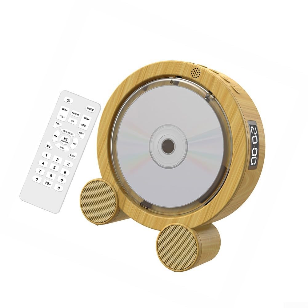 Lettore CD portatile con altoparlante – Wireless Music Deck & per radio FM – Discman anti-skip per casa e auto, finitura in legno bianco, 26 x 22 x 11 cm (bianco)