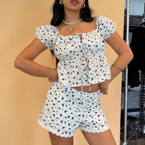Image of ROAONOCOMO Women Floral Pajama Set Ruffle Puff Sleeve Peplum Shirt Coquette Pj Set Bow Babydoll 2 Piece Shorts Outfit