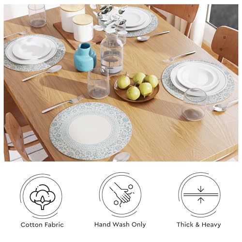 Image of Dining Table Mats Set of 4 | Cotton Table Mat 32 cm Diameter, Encasa XO Washable Round Table Mats, Heat Resistance Dining Table Placemats, Handmade Ribbed Style for Centre Table, Printed Light Blue