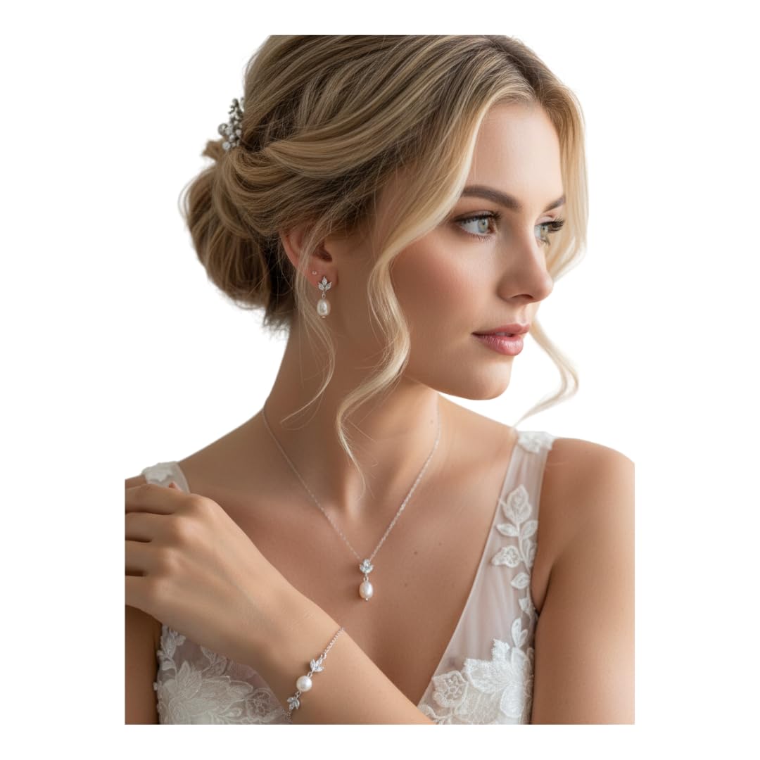Silber Perlen Schmuckset 3-teilig Halskette Ohrringe Armband Zirkonia Strass Brautschmuck Hochzeit Kommunion Abiball