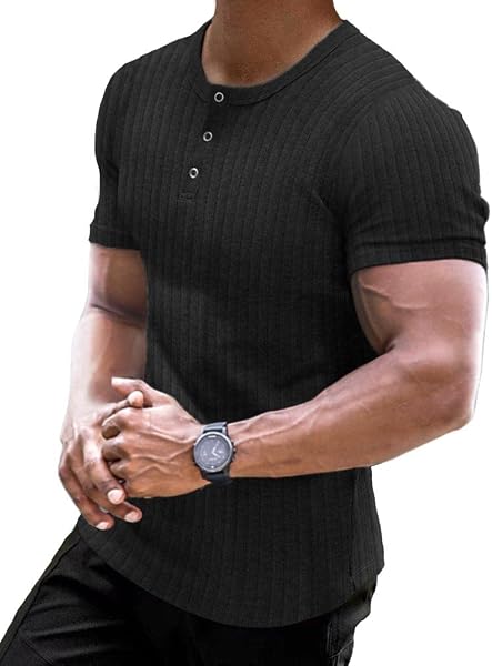 Muscle Cmdr T-Shirt Homme, Coton À Manches Courtes/Longues Henley, Casual Henley Hauts pour Fitness Tee Shirt, Noir Ou Gris, Marron, Taille L - 1