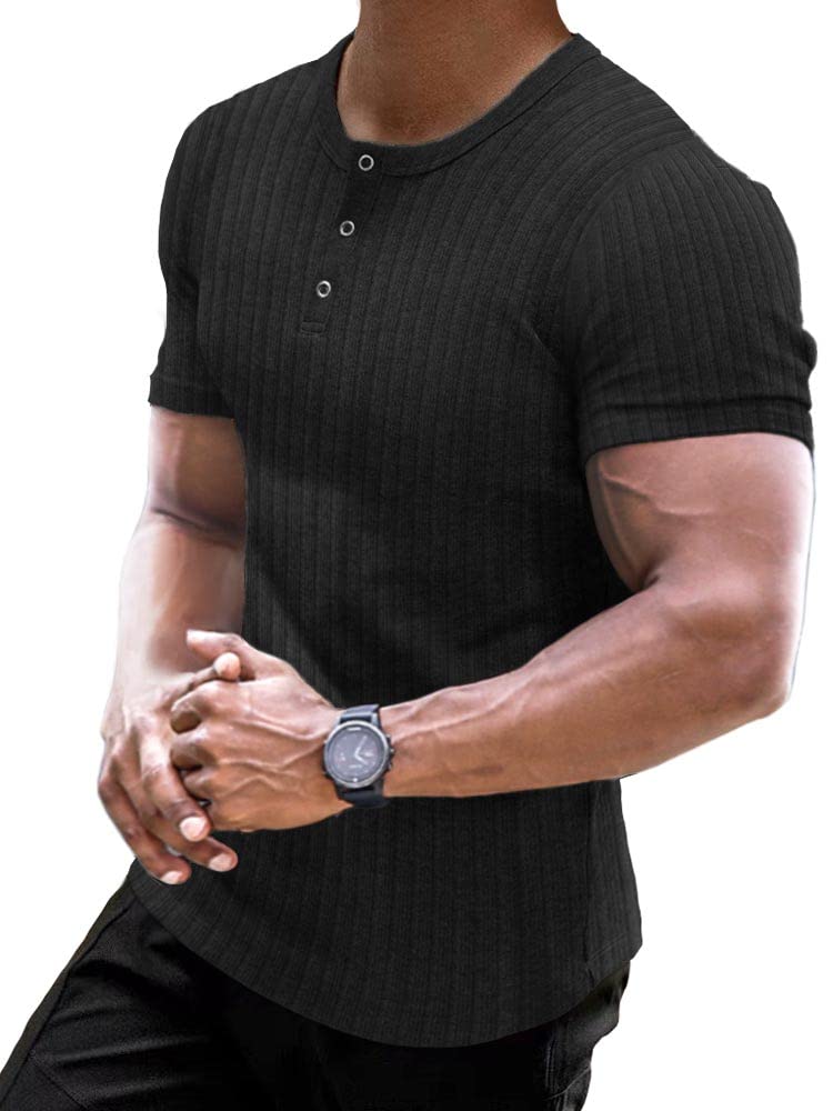 Muscle Cmdr Men's Ribbed Henley Shirt Slim Fit Muscle Shirt Fitted Cotton Short&Long Sleeve Casual T-Shirt XX-Large 01black_short