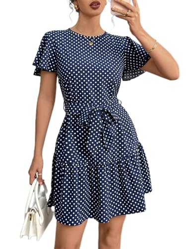 BARASA Summer Knee Length Dress for Women Ruffled Sleeves Cute Cocktail Tea Party Waist Tie Bow Casual Navy Blue Polka Dot Dress D567 Navy Blue M