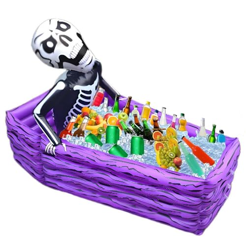 43Inch Inflatable Coffin Cooler Ice Chest Buffet Coffin Skeleton Ice Bucket for Drinks 100+ Cans Large Capacity Drink Beverage for Halloween Party Spooky Decor Picnic Barbecue Party(Skeleton Cooler)