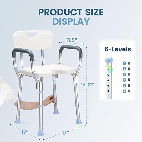 Miniatura 2 de OasisSpace Silla de ducha ajustable con brazos para ducha interior, banco de ducha resistente con asiento recortado de 300 libras, taburete de