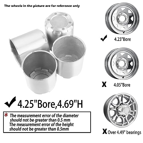 Rheedal 4Pcs 4.25Inch Trailer Wheel Center Cap Push Through 4.25" Bore 4.69" Tall Aluminum Hub Cap For Truck Suv Rv Wheel Rim, Silver Wheel Cover #TOP4