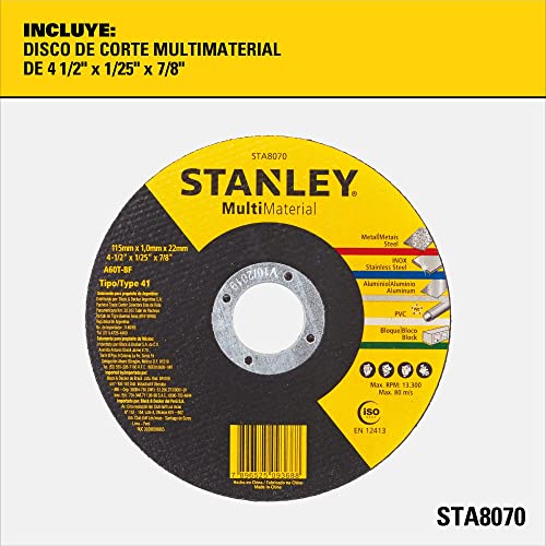 STANLEY Disco Abrasivo de Corte Multi Material de 4.1/2 Pol. x 1.0mm x 7/8 Pol. (114mm x 1.0mm x 22m