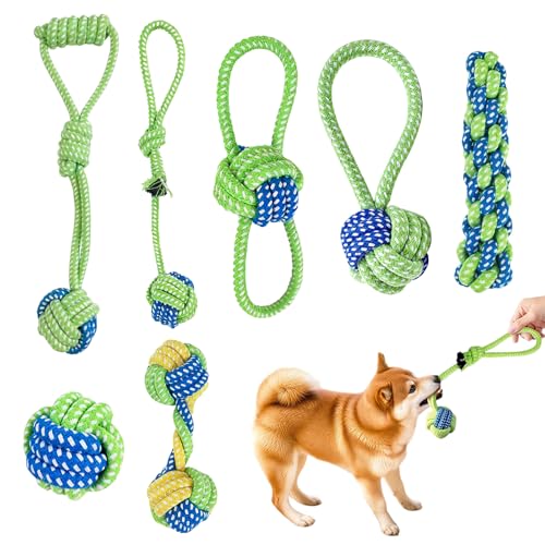 CVASNF Hundespielzeug Seil, 7 Stück Baumwolle Hundespielzeug Set Geflochtene Welpen Spielzeug Interaktives Kauspielzeug für Hunde Hundespiel und Training (Grün)