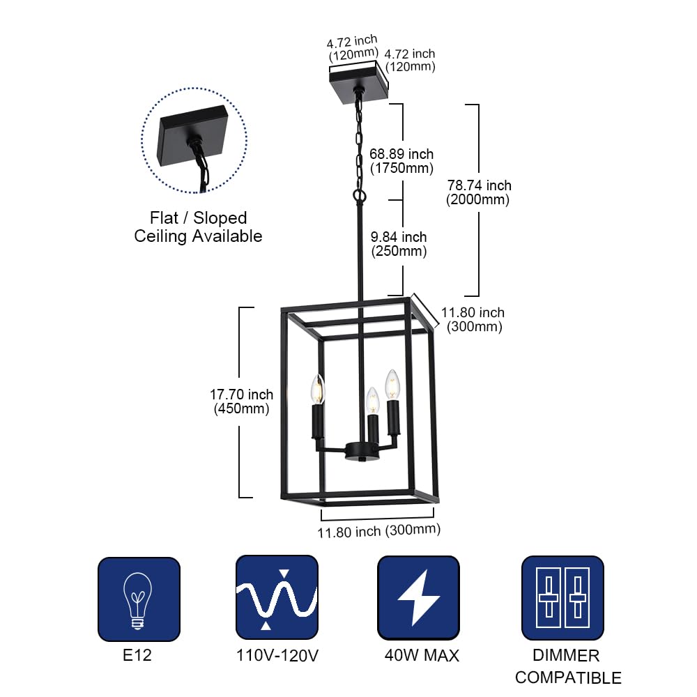 TODOLUZ Black Pendant Light Ceiling, 3-Lights Farmhouse Square Cage Chandelier, Hanging Light Fixtures for Kitchen Island Dining Room Foyer Entryway