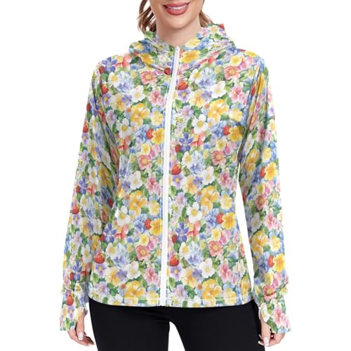 Womens Sun Protection Hoodie Jacket Lightweight Zip Up Jackets for Women UPF 50+ Clothing for Hiking Golf Cycling XL Wild Flower Floral