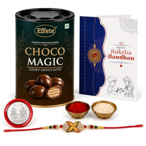 DeoDap Rakhi with Chocolate for Brother – Multicolor Stylish Rakhi with Chocolate (96g) with Silver Color Pooja Coin, Greeting Card & Tilak Set – Raksha Bandhan Festival Gift Combo (K1_547_EM96)