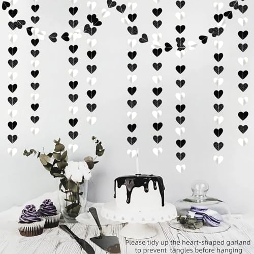 Image of Black White-Silver Party-Decorations Streamers Heart Garland - 39Ft Graduation Men 21st Birthday Hanging Paper Banner,Baby Bridal Shower Wedding Engagement Bachelorette Backdrop Party Supplies Decor