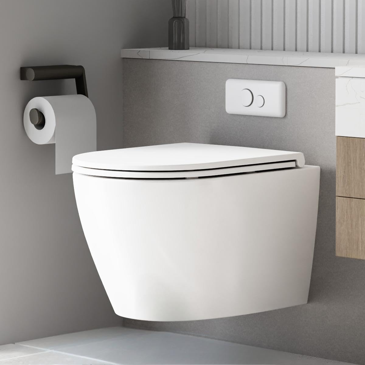 Senfot Wall Hung Toilet, Modern Wall-Mounted Toilets with Soft Closing Seat, Dual Flush Comfort Height Floating with Ultra-Thin Cover for Bathroom, White (Full Flat Toilet Seat)