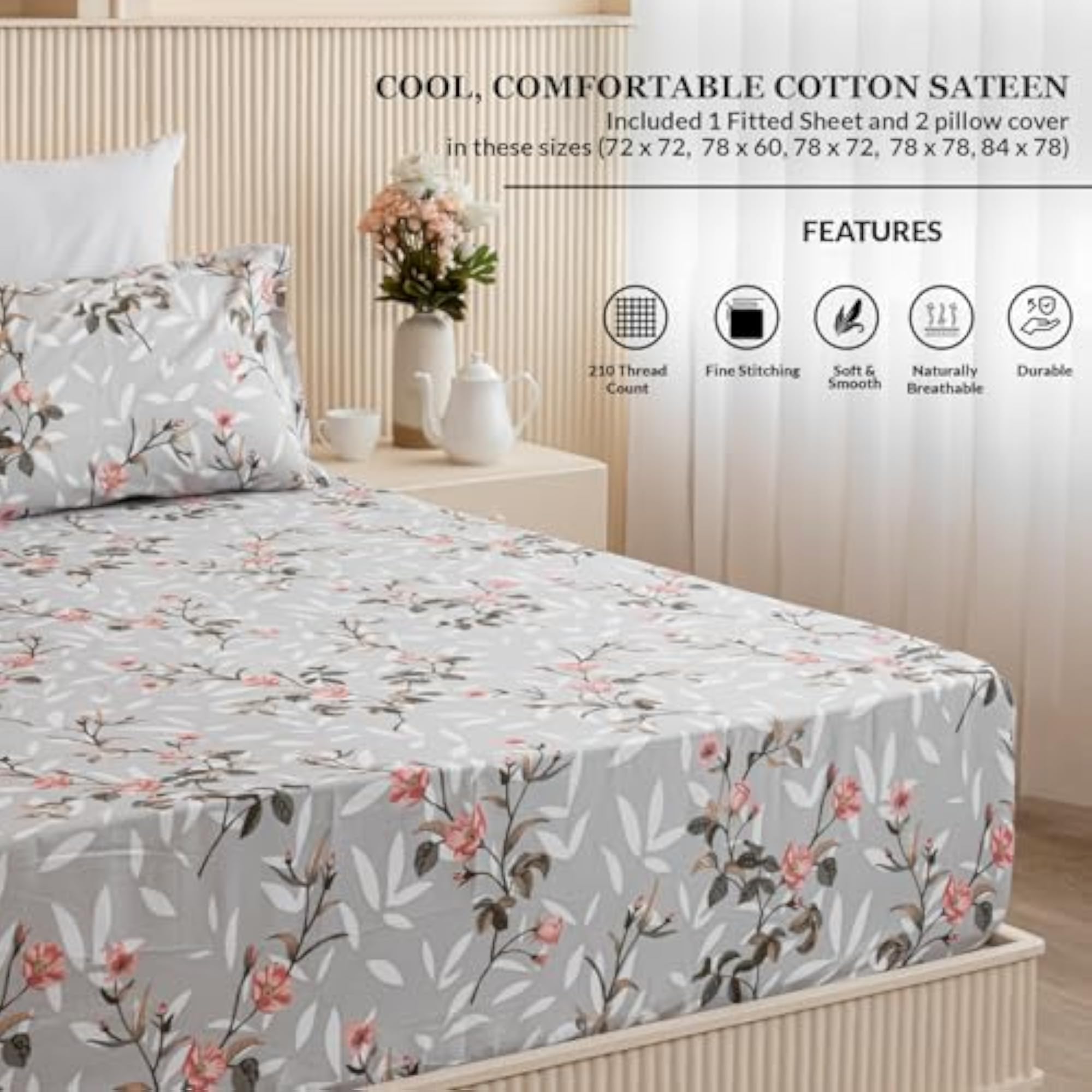 210Tc Soft Cotton Floral Printed Fitted Bedsheet with 2 Pillow Covers