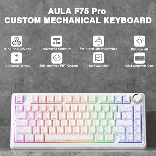Image of AULA F75 Pro Wireless Mechanical Keyboard with Knob,75% Hot Swappable Custom Gaming Keyboards,RGB Backlit,Pre-lubed Switches,Side Printed PBT Keycaps Creamy Sounding Computer Keyboard, Line White