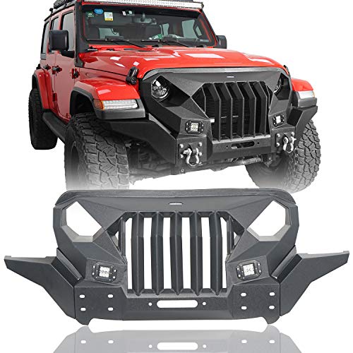 u-Box Full Width Front Bumper w/ Mad Max Grill & LED Spotlights Compatible with Jeep Wrangler JL / Jeep Gladiator JT 2018 2019 2020 2021