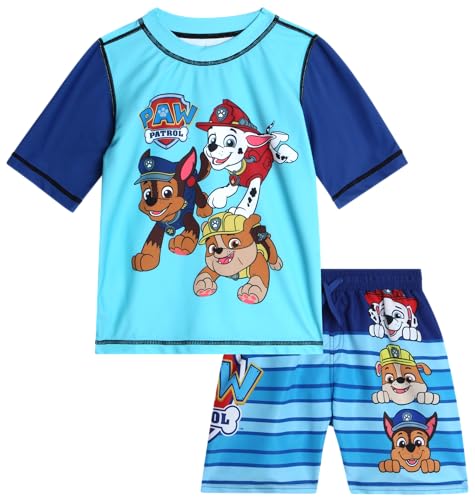 Nickelodeon Paw Patrol Boys Rash Guard Set - 2 Piece Chase Marshall TMNT UPF50 Swim Shirt & Swim Trunks for Toddler & Big Kid, Size 4T, Paw Patrol Blue Stripe