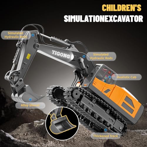 Image of Remote Control Excavator, Construction Rc Digger for Kids Boys Age 4-14 + Year Old Birthday, Rechargeable Excavator with Metal Shovel, Lights, Sounds, 2.4Ghz, Grey