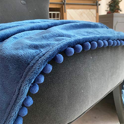 LOMAO Flannel Blanket with Pompom Fringe Lightweight Cozy Bed Blanket Soft Throw Blanket fit Couch Sofa Suitable for All Season (51x63) (Aegean Blue, 51''x 63'')