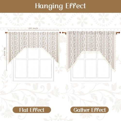 Image of Yinhua Boho Swag Valance Curtains Vintage Linen Valances for Windows Light Filtering Floral Kitchen Valance Rod Pocket Rustic Tassel Window Valances for Bathroom Cafe, 60 inch W x 36 inch L, White Beige