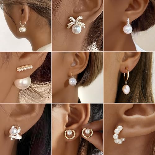 9 Pairs Gold Pearl Earrings Set for Women Bow Dangle Drop Hoop Earrings Dainty Stud Pearls Jewelry for Wedding Guest Dress Prom Party Costume Accessory Christmas Stocking Stuffers4