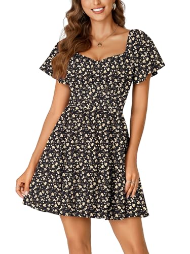 Image of Rooscier Women's Tie Back Square Neck Wrap Ruffle Short Sleeve Flare Mini Dress