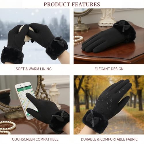 Image of Kraptick Women's Winter Woolen Gloves - Premium Thermal Fleece Lined Touchscreen Hand Warmer Gloves for Cold Weather, Cycling & Driving Soft Fur Cable Knit Elastic Mittens (Free Size, Purple Bow)-6