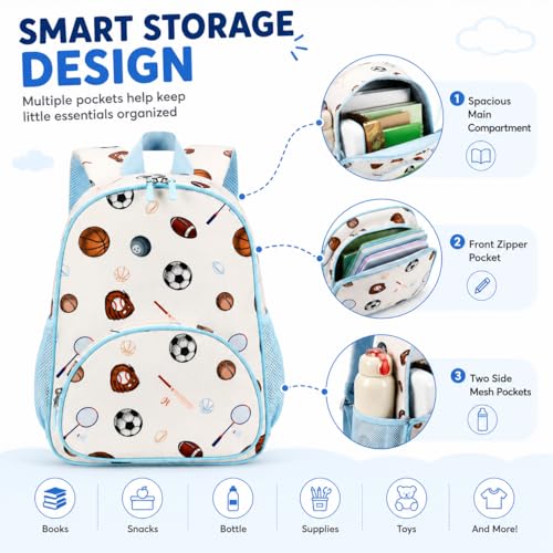 Image of LOIDOU Kids Preschool Backpack for Boys, 15 Inch Multi-Sport School Bag with Soccer and Football Print, Lightweight Water-Resistant Kindergarten Backpack with Chest Strap for Ages 3-6