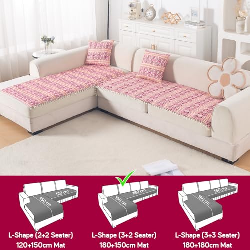 Image of HOKIPO L Shape (3+2 Seater) Sofa Cover Seat Mat | 300 GSM Cotton Acrylic Jacquard Fabric with Tassel, 'Trivana Series' Cherry Red (IN-936+935-J8)