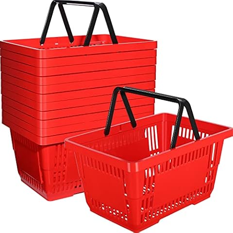 12 Pcs Shopping Baskets 20 L Plastic Shopping Baskets with Handles 16.9*11.8*9.1 Inches Store Baskets Retail Baskets with Handles for Market Grocery Supplies Thrift Convenience Storage (Red) Cover