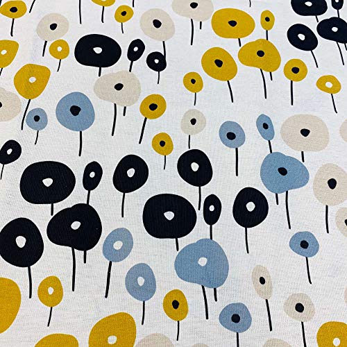 Kt KILOtela Tela de loneta Estampada Digital - Half Panamá 100% algodón - Retal de 100 cm Largo x 280 cm Ancho | Flores Minimalistas - Mostaza, Azul ─ 1 Metro