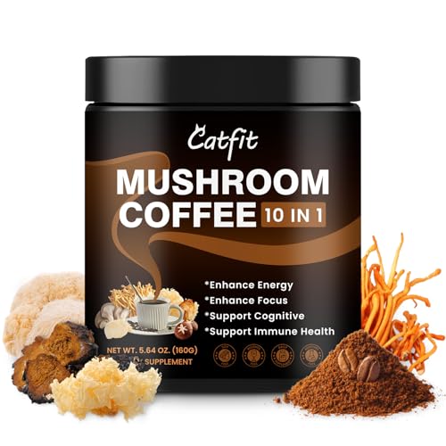 Catfit Instant Mushroom Coffee Powder, 10-in-1 Adaptogen Blend with Lion's Mane, Chaga & Cordyceps for Energy, Focus, Gut Health & Immune Support -50 Servings