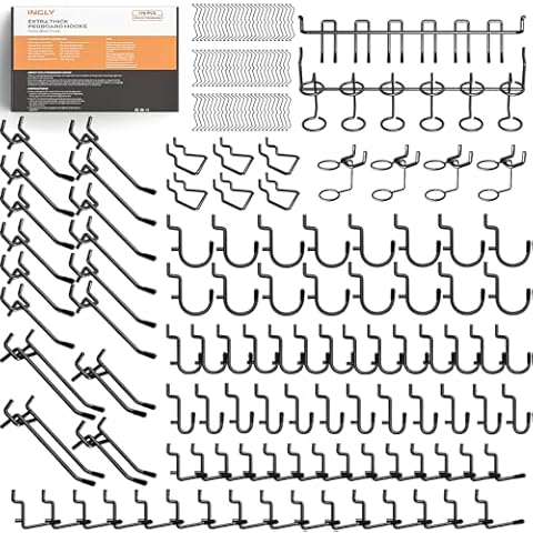 INCLY 176PCS Extra Thick Black Pegboard Hooks Set, 1/4" Heavy Duty Metal Peg Board Hook Assortment with Peg Lock Pegboard Accessories for Garage Wall Organizer Hanging Tools Cover