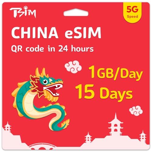 TSIM China eSIM 15 Tage | 1 GB/Tag 5G Geschwindigkeit | Automatische Aktivierung | Hotspot Freigabe erlaubt | QR-Code eSIM per E-Mail in 24 Stunden | Scannen und sofort verwenden | Nur Daten, keine