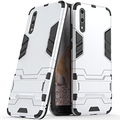 Coque pour Huawei P20 (5,8 Pouces) 2 en 1 Double Couches Étui Antichocs Protection Rigide Anti Choc avec Fonction Support (Argent) Cover