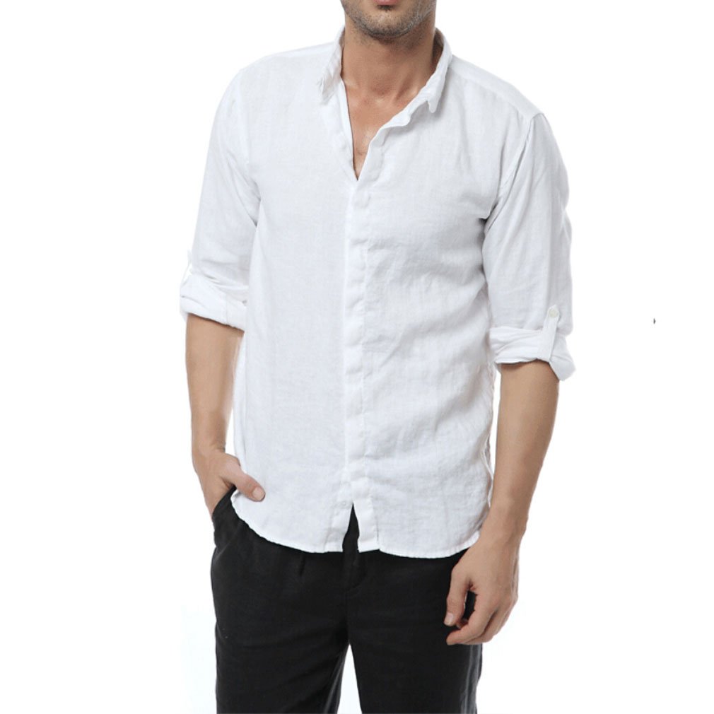 Mens Casual 100% Linen Long Sleeve Club Collar Shirts ShowMen303
