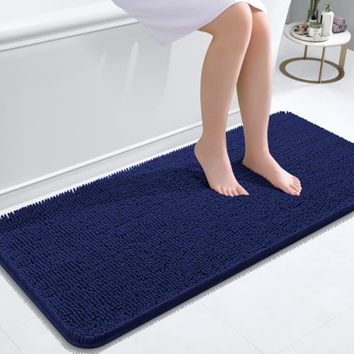 Image of OLANLY Bathroom Runner Rugs 47x20, Soft Absorbent Chenille Bath Rugs, Rubber Backing Quick Dry, Machine Washable Long Bath Mats for Bathroom, Tub and Shower, Home Decor Accessories, Twilight Sapphire