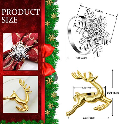 Christmas Napkin Rings Decoration 12 Pcs, Rhinestone Elk Snowflake Napkin Rings Holders for Wedding Birthday Party Dinner Supplies (Gold，Silver) - Thumbnail 4