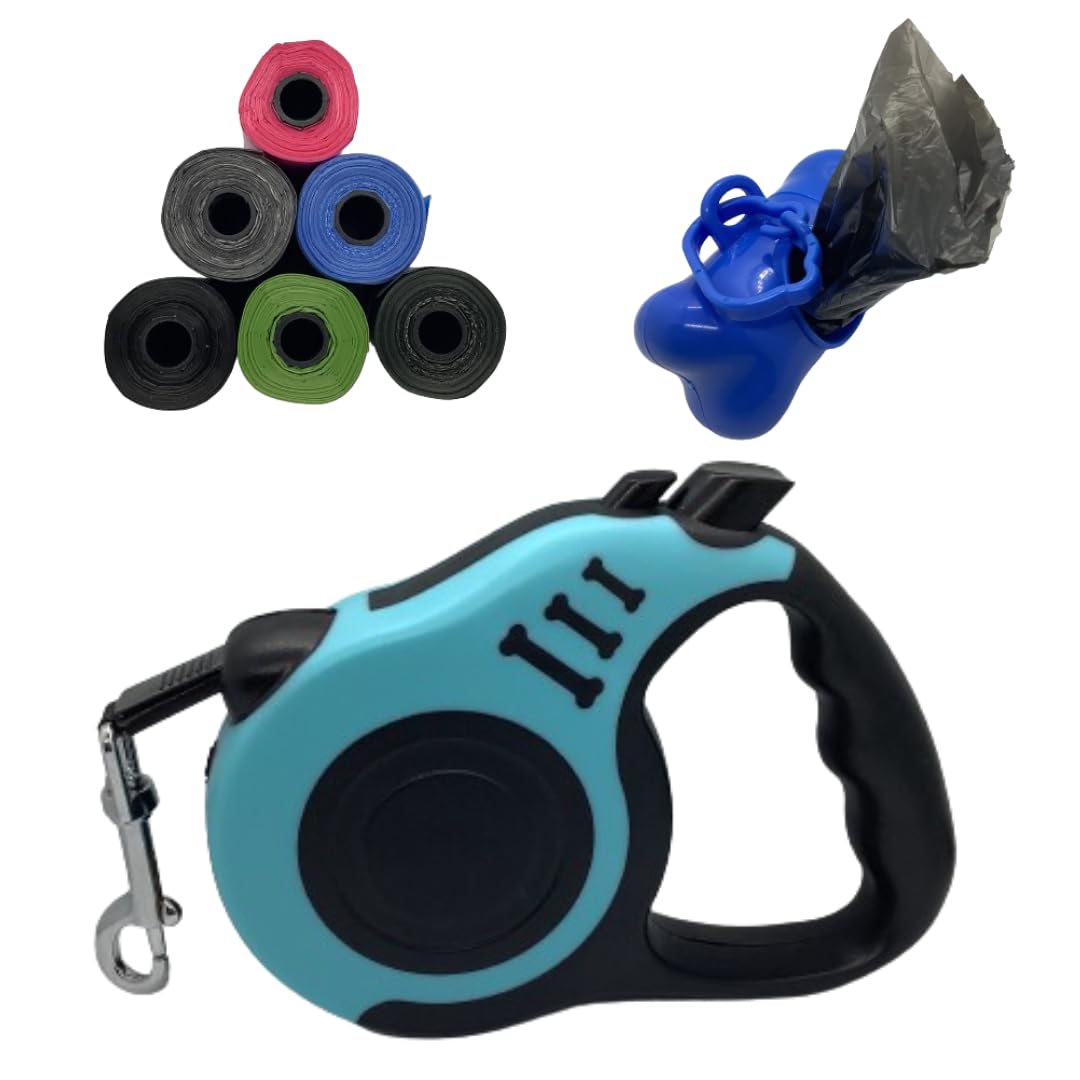 Correa Perro Extensible|3 Metros hasta 10 Kg|Correa para Perros Flexi.ble|Perros Pequeños Medianos|Correa Ligera Perros y Gatos|Ergonómica|Cinta RetráctilPaseo|Bolsa Caca Perro| (Azul, 3M)