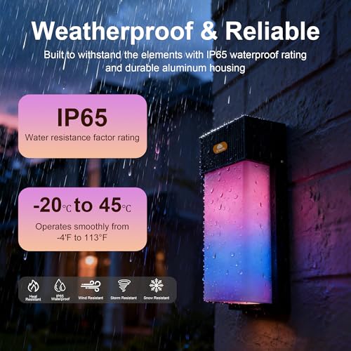 Outdoor Wall Light, 1500LM Smart RGBIC Porch Lights Outdoor with 45 Scene Modes, DIY, IP65 Waterproof Exterior Lighting Fixtures, Modern Decor for Garage, House, Patio, Garden, Yard, Party(2 pieces) - Image 3