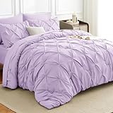 HIMEET Queen Comforter Set 7 Pieces Bed in A Bag Light Purple Luxury Soft Queen Size Bed Set Pintuck Pinch Pleat Bedding Sets with Comforter, Flat Sheet, Fitted Sheet and Pillowcases & Shams
