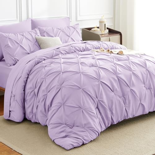 HIMEET Queen Comforter Set Lavender, 7 Pieces Pintuck Bed in A Bag Queen Size Bedding, Soft Bed Set All Season Pinch Pleat Comforter Set with Sheets, Pillowcases & Shams